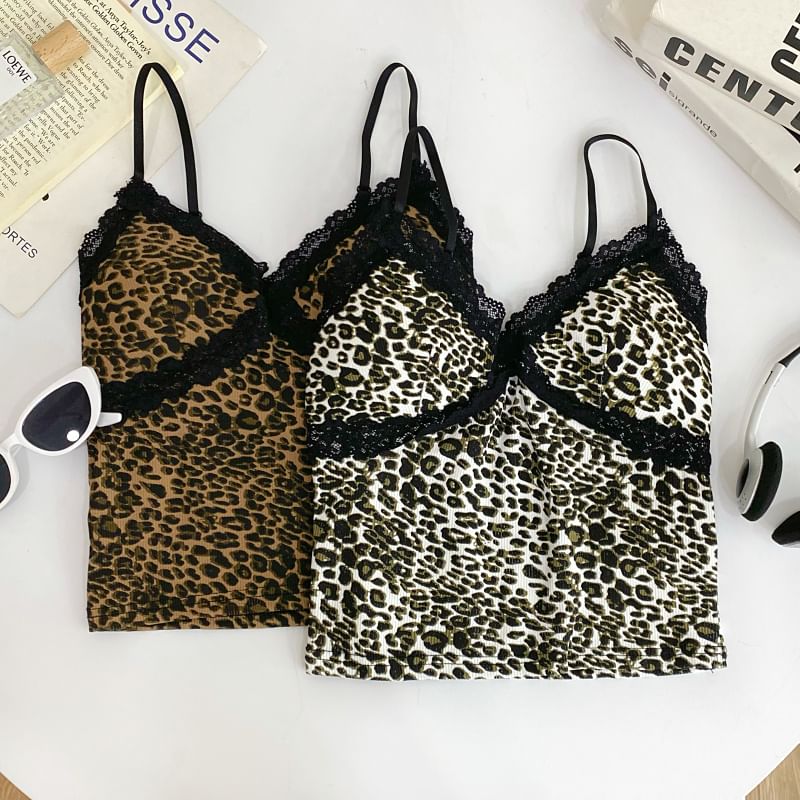 Leopard Print Lace Trim Crop Slim Fit Cami