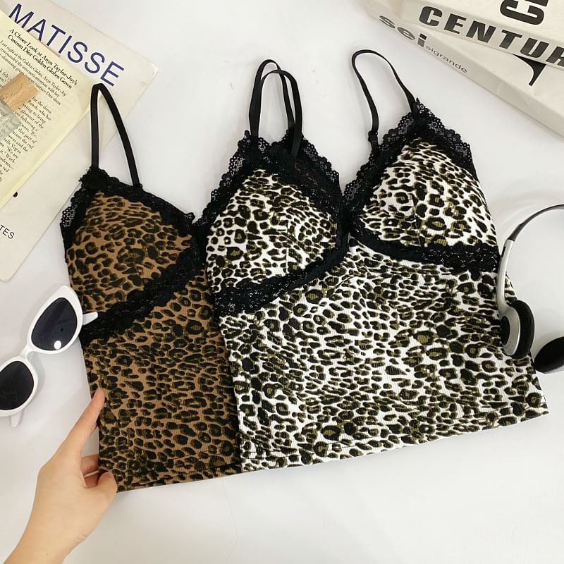 Leopard Print Lace Trim Crop Slim Fit Cami