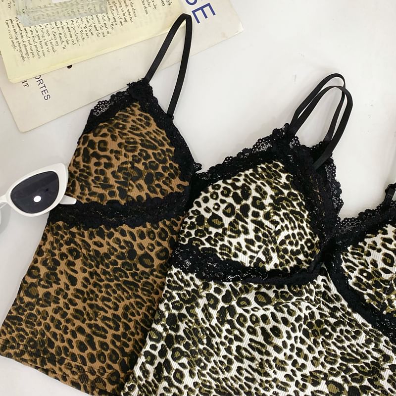 Leopard Print Lace Trim Crop Slim Fit Cami