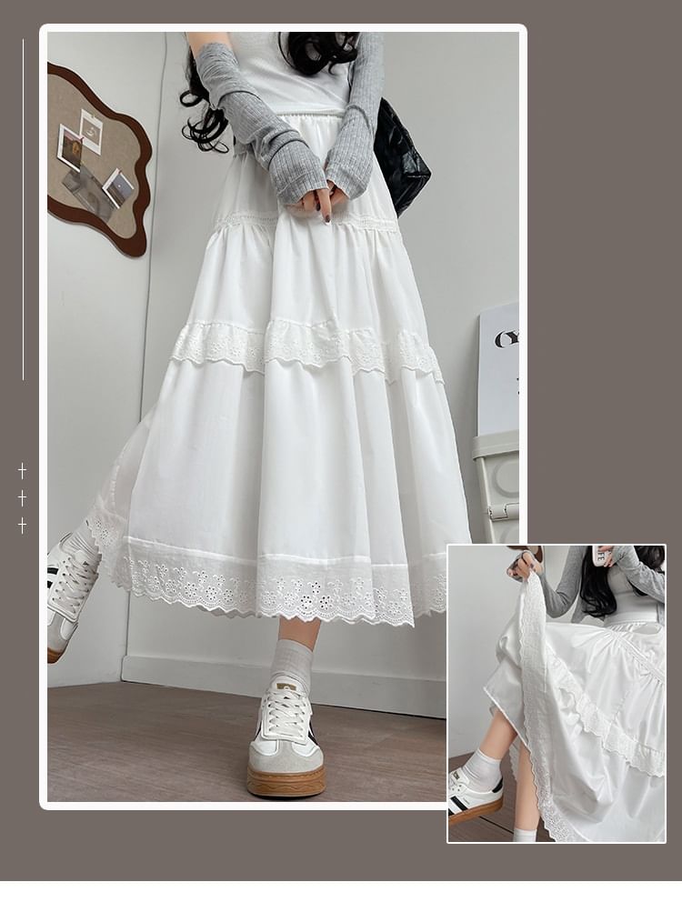 Elastic-Waist Lace-Trimmed Tiered Midi Flared Skirt