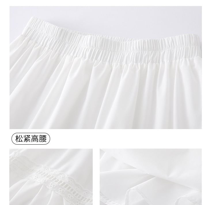 Elastic-Waist Lace-Trimmed Tiered Midi Flared Skirt