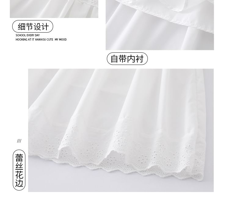 Elastic-Waist Lace-Trimmed Tiered Midi Flared Skirt