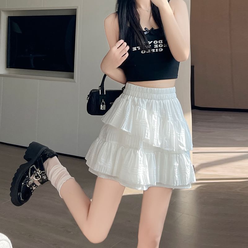 Ballet-Inspired Elastic-Waist Asymmetric Tiered Mini Flared Skirt