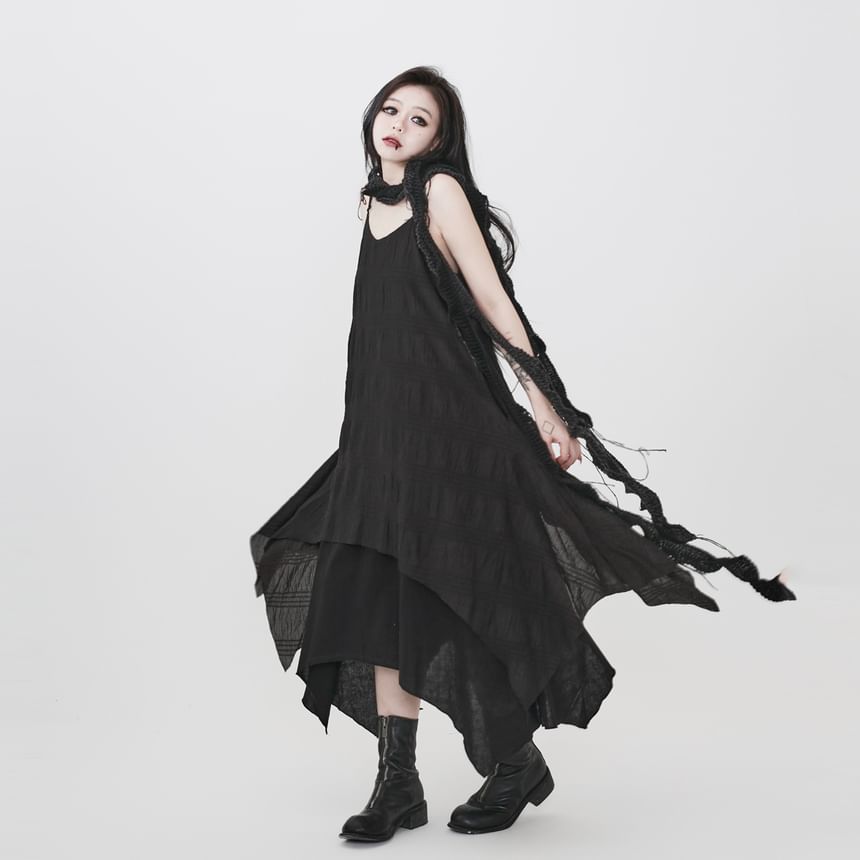 Spaghetti Strap Plain Asymmetrical Midi A-Line Dress