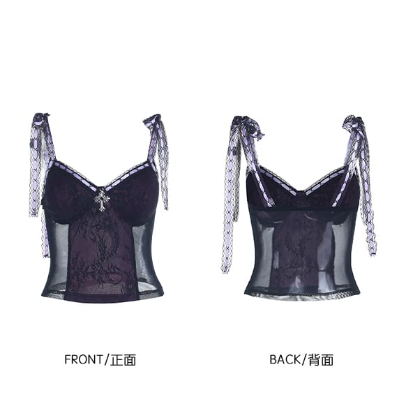V-Neck Tie Shoulder Mesh Lace Cami