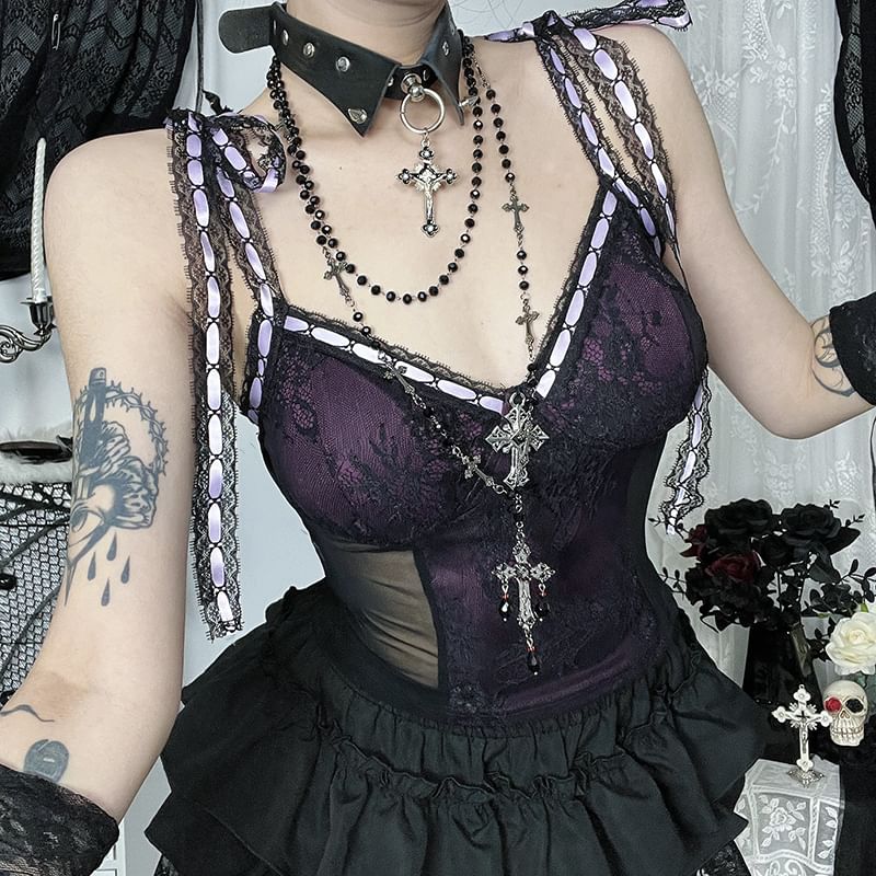 V-Neck Tie Shoulder Mesh Lace Cami