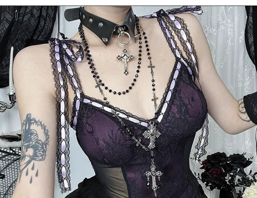 V-Neck Tie Shoulder Mesh Lace Cami