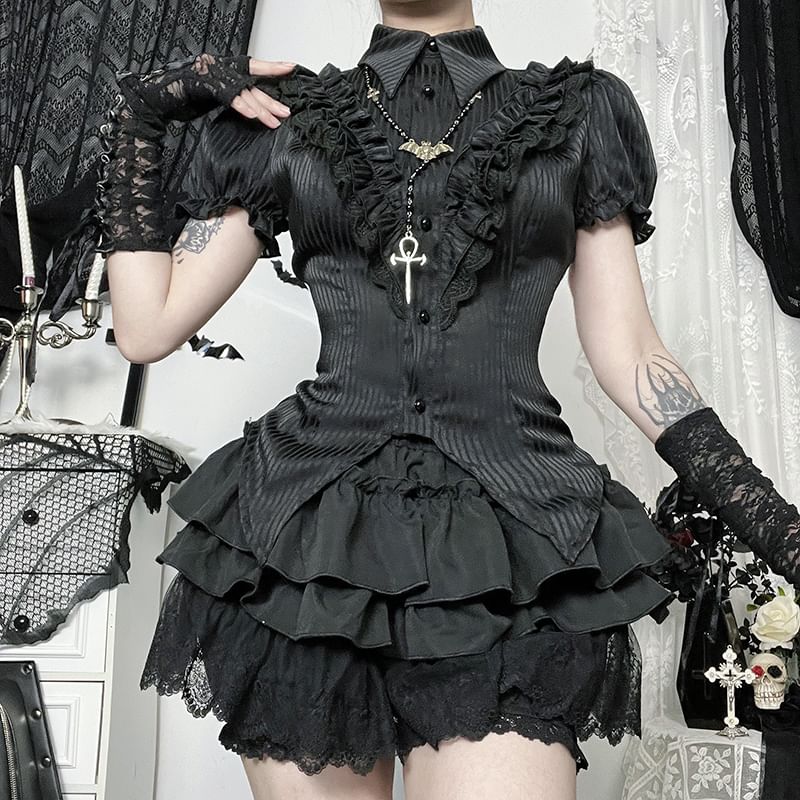 Puff Sleeve Striped Ruffle Blouse & High Waist Tiered Lace Mini Skort