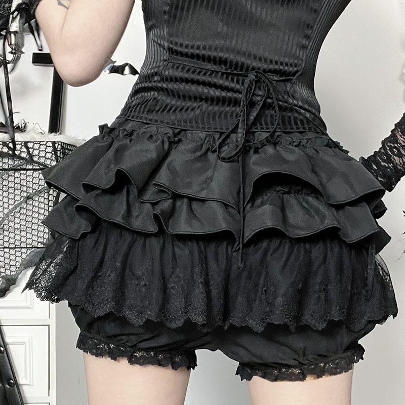 Puff Sleeve Striped Ruffle Blouse & High Waist Tiered Lace Mini Skort