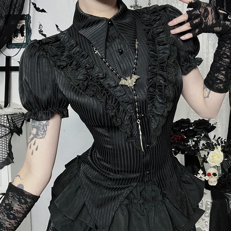Puff Sleeve Striped Ruffle Blouse & High Waist Tiered Lace Mini Skort