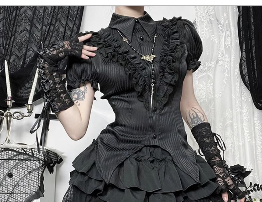 Puff Sleeve Striped Ruffle Blouse & High Waist Tiered Lace Mini Skort