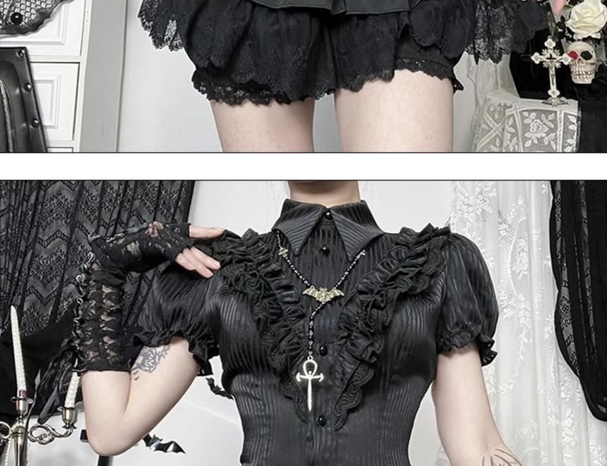 Puff Sleeve Striped Ruffle Blouse & High Waist Tiered Lace Mini Skort