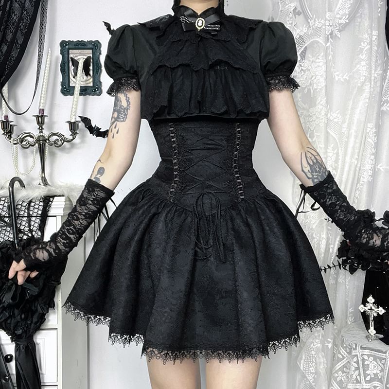 Short Sleeve Ruffle Blouse & High Waist Lace Mini Corset Skirt