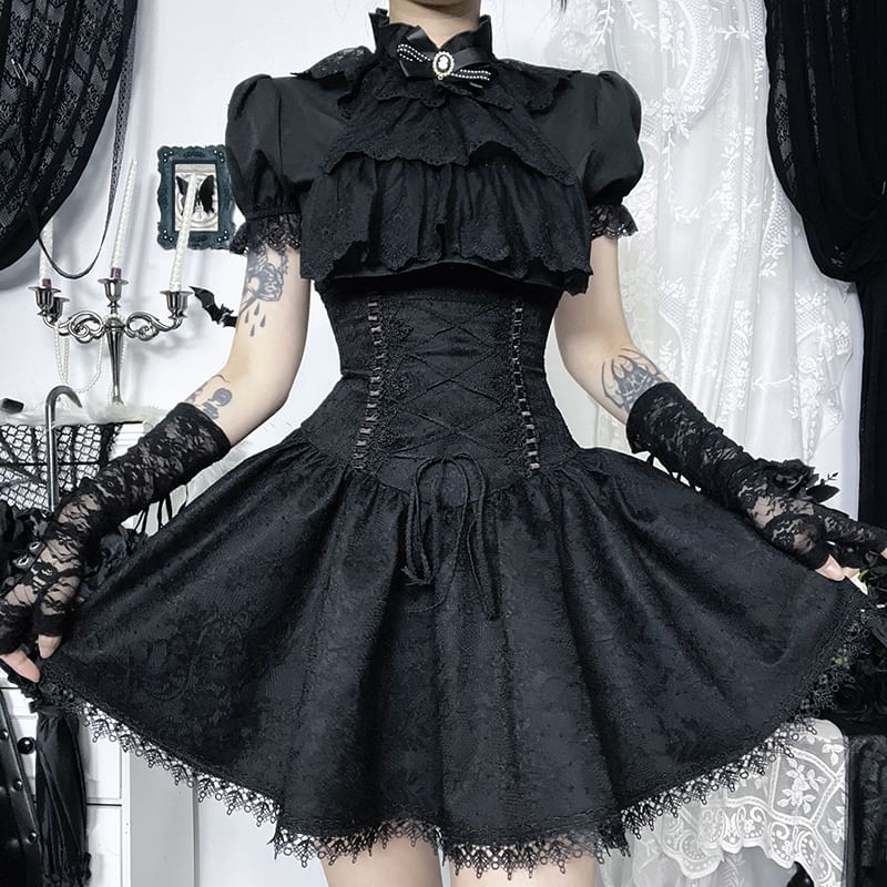 Short Sleeve Ruffle Blouse & High Waist Lace Mini Corset Skirt