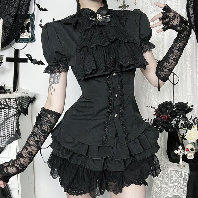 Short Sleeve Ruffle Blouse & High Waist Lace Mini Corset Skirt