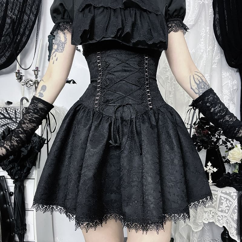 Short Sleeve Ruffle Blouse & High Waist Lace Mini Corset Skirt