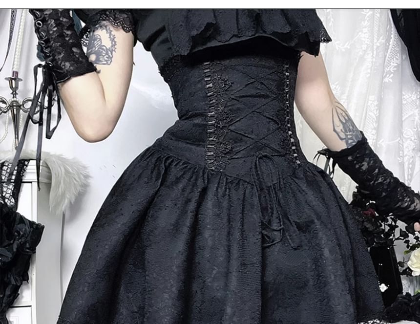 Short Sleeve Ruffle Blouse & High Waist Lace Mini Corset Skirt
