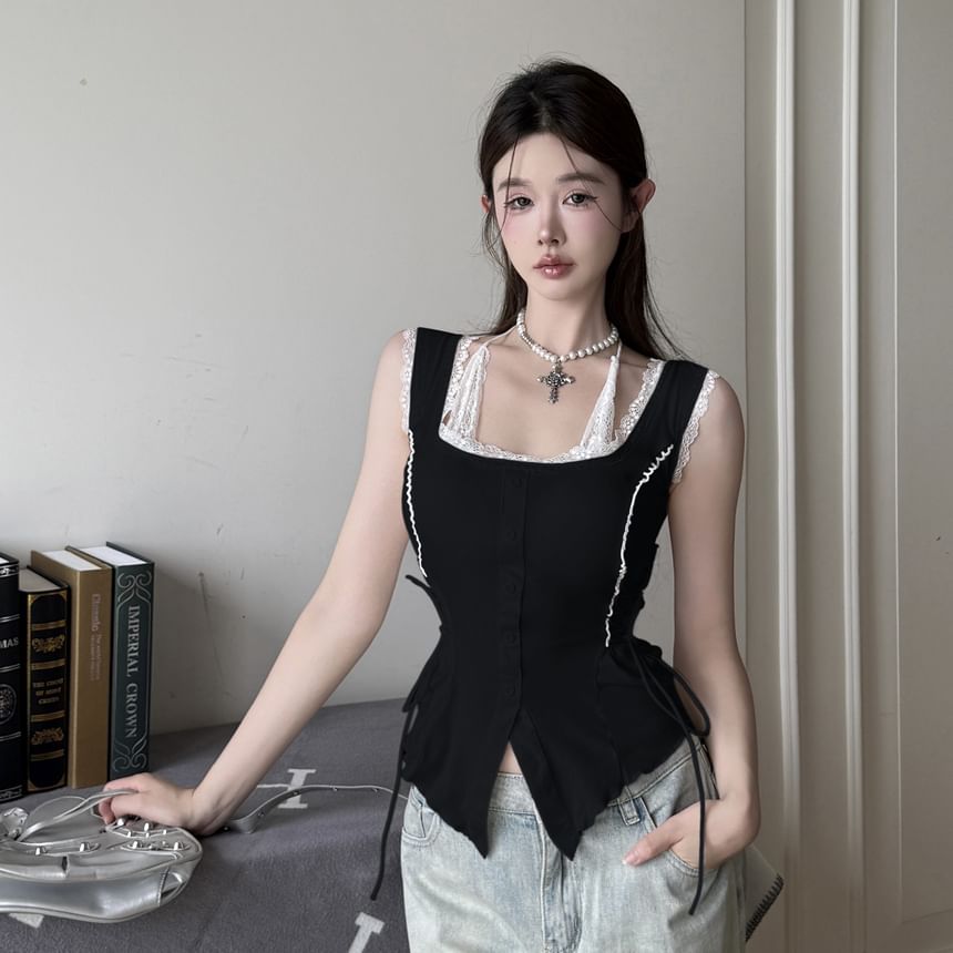 Halter Neck Lace Panel Lace-Up Slit Slim Fit Top