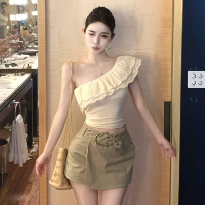 Cap-Sleeve One-Shoulder Lace Slim Fit Crop & High Waist Asymmetrical Mini Skort