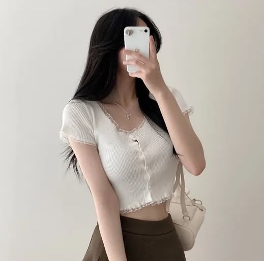 Scoop Neck Lace Ruffled Crop Top