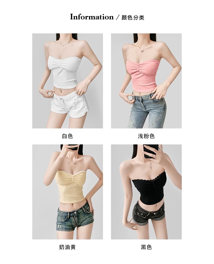 Lace Trim Ruched Padded Crop Tube