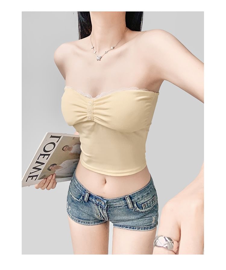 Lace Trim Ruched Padded Crop Tube