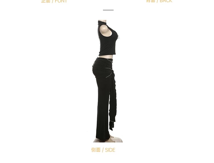 Mock Two-Piece Lace Crop Tank & Low Rise Ruched Flared Pants