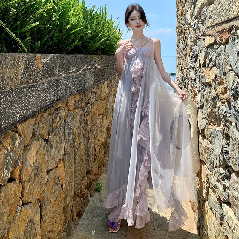 Spaghetti Strap Plain Ruffle Asymmetrical Maxi Sundress