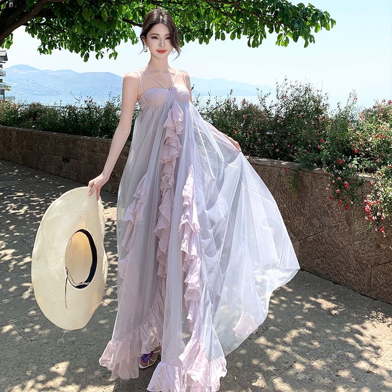Spaghetti Strap Plain Ruffle Asymmetrical Maxi Sundress