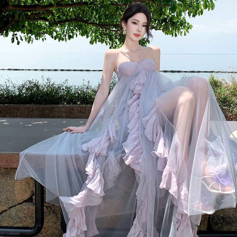 Spaghetti Strap Plain Ruffle Asymmetrical Maxi Sundress