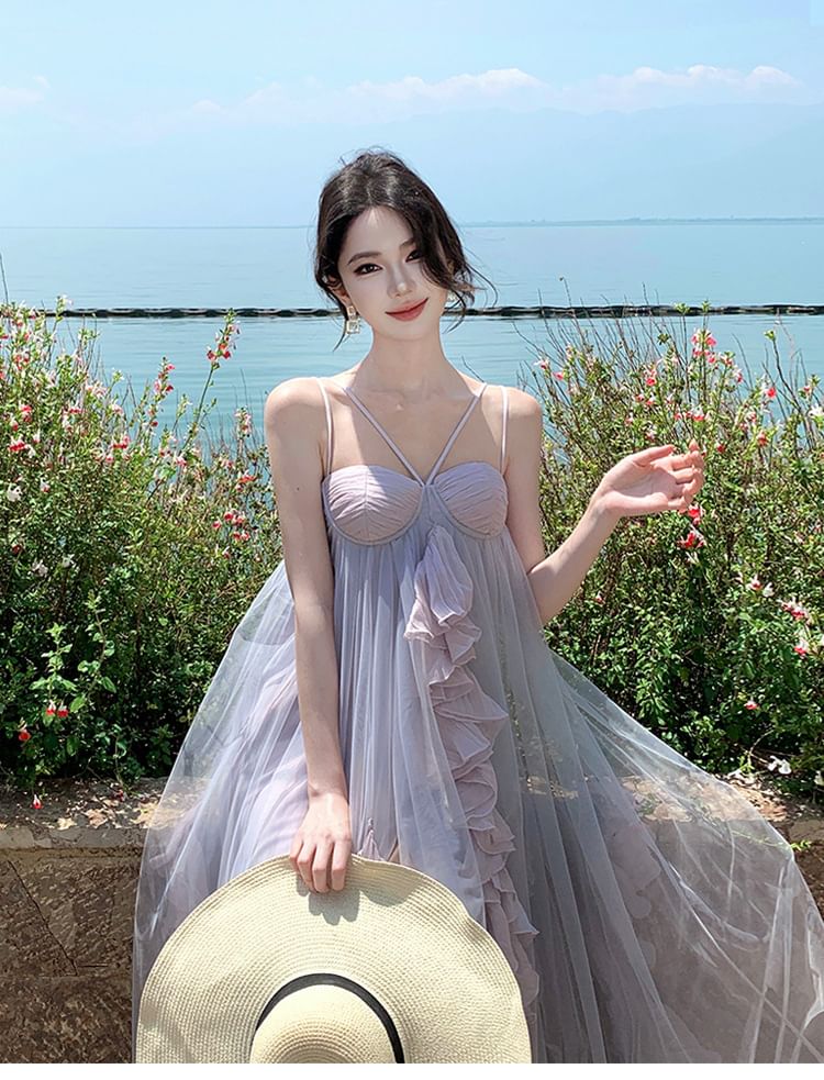 Spaghetti Strap Plain Ruffle Asymmetrical Maxi Sundress