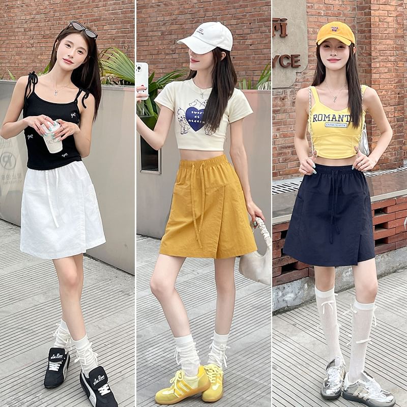 Drawstring-Waist Slit Mini Flared Skirt