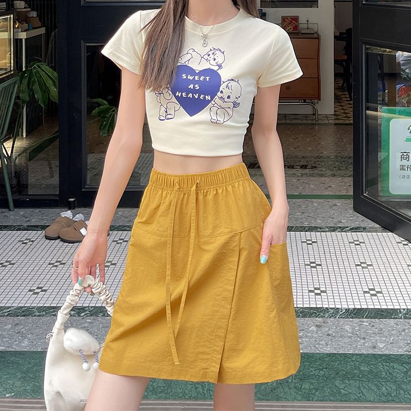 Drawstring-Waist Slit Mini Flared Skirt