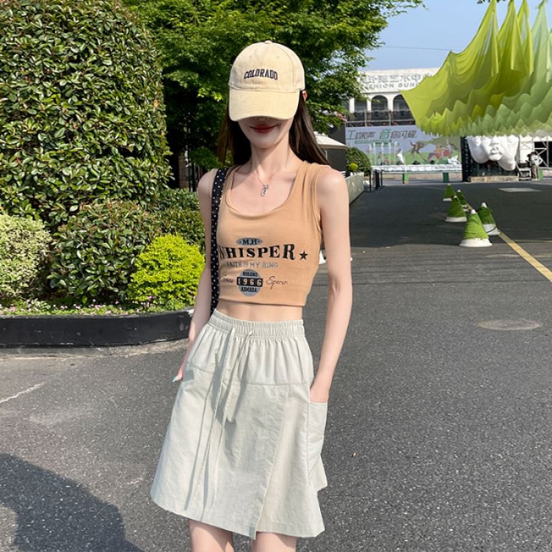 Drawstring-Waist Slit Mini Flared Skirt