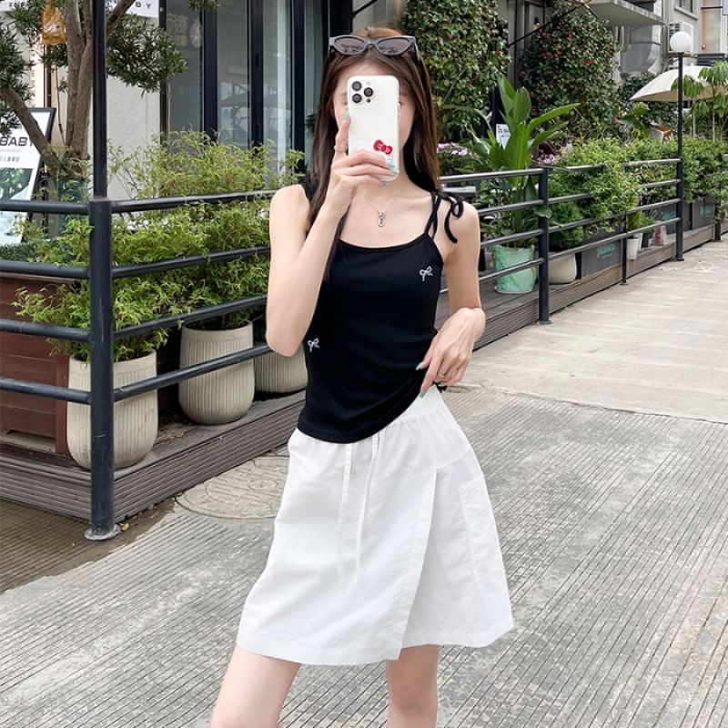 Drawstring-Waist Slit Mini Flared Skirt