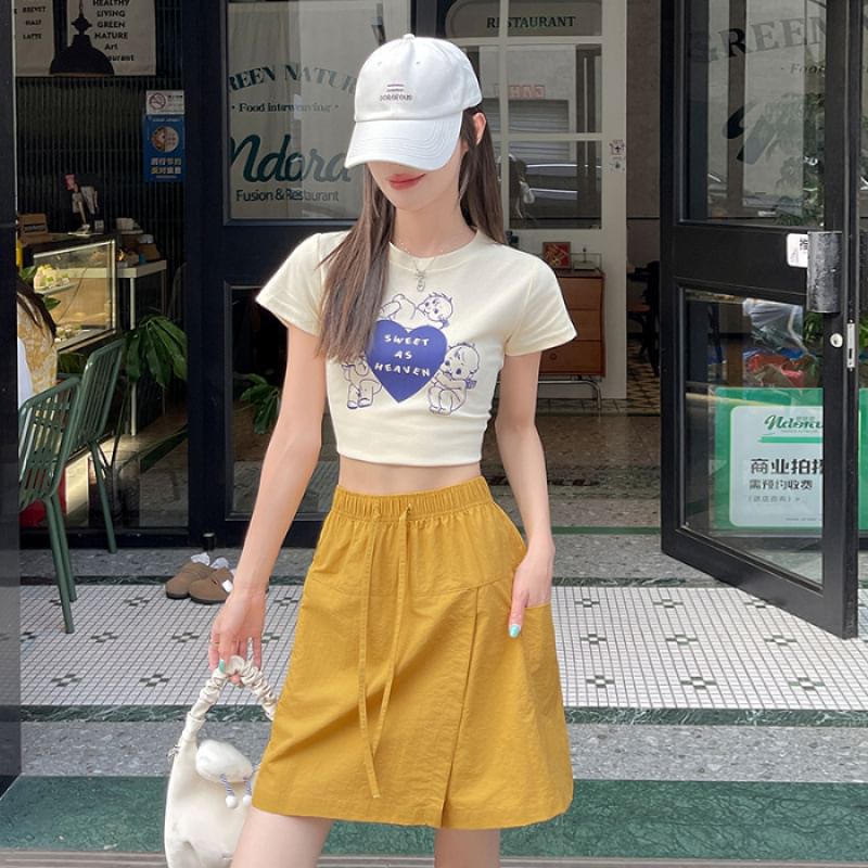 Drawstring-Waist Slit Mini Flared Skirt