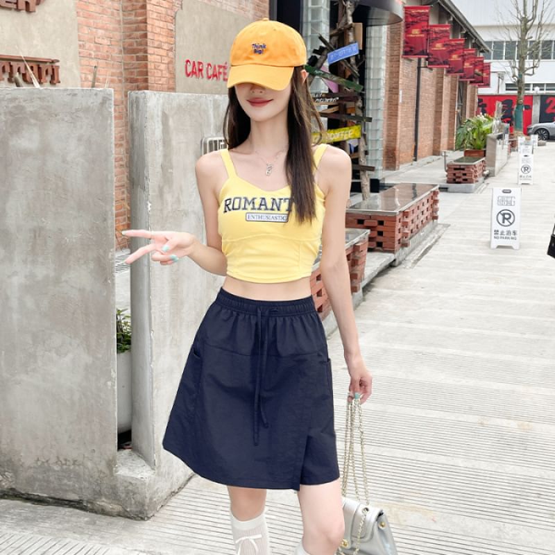 Drawstring-Waist Slit Mini Flared Skirt