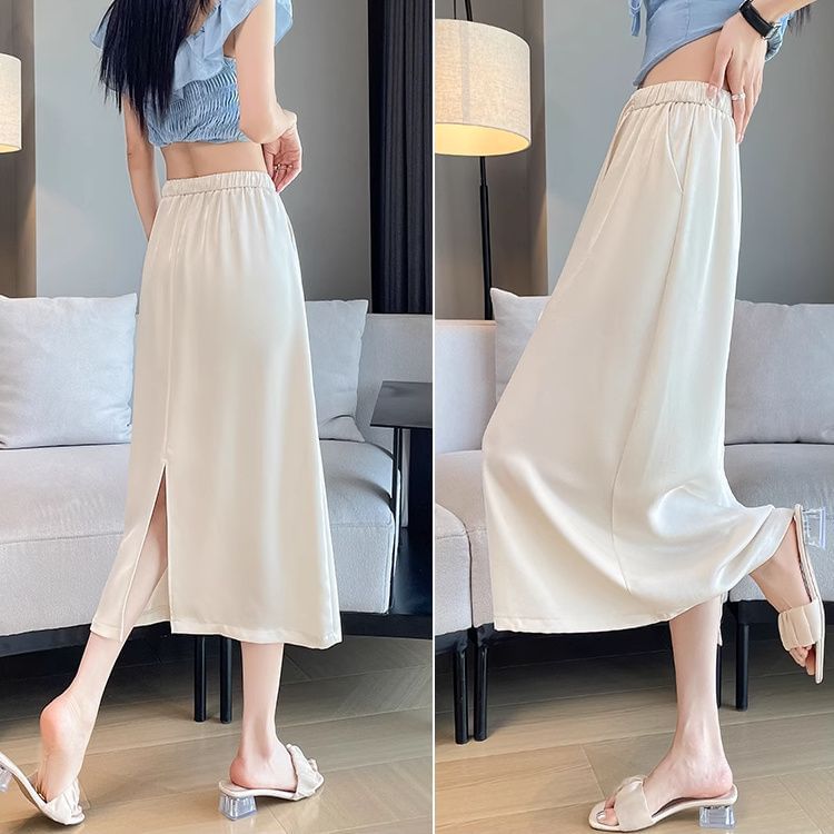 Drawstring-Waist Solid Midi Flared Skirt