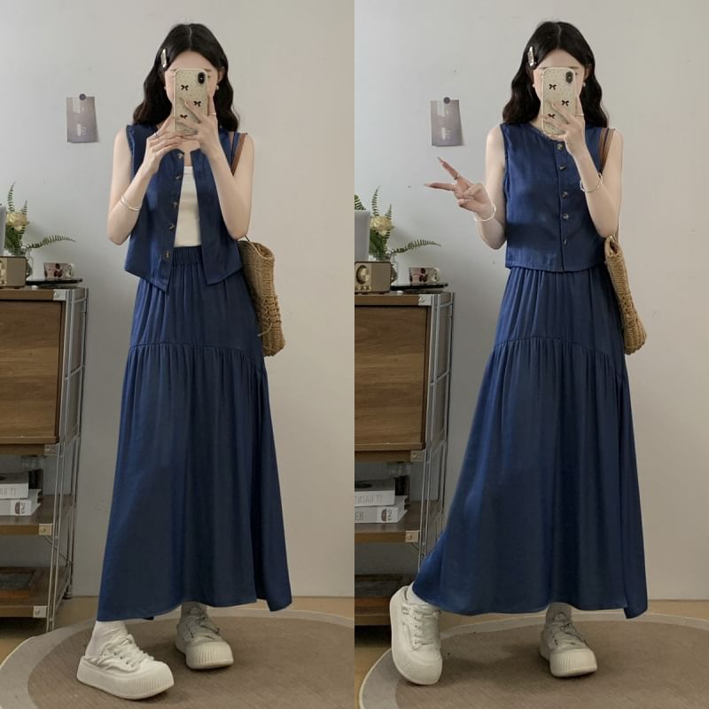 Set: Washed Denim Vest with High-Waist Gathered Maxi Flared Skirt