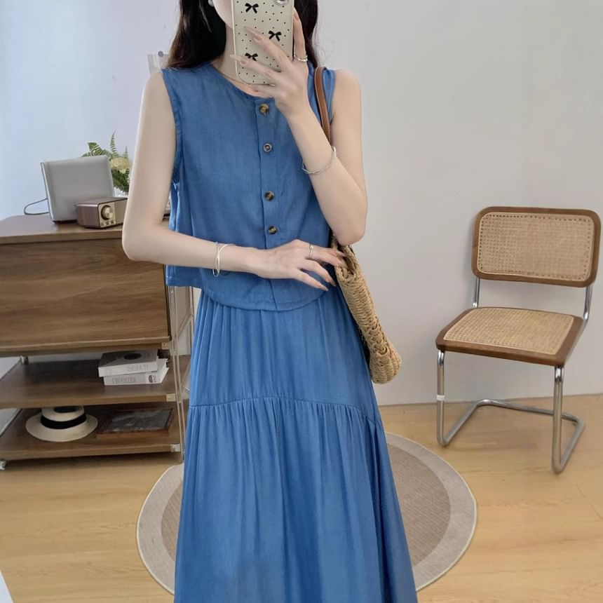 Set: Washed Denim Vest with High-Waist Gathered Maxi Flared Skirt