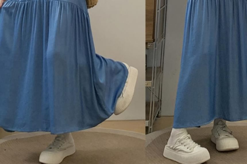 Set: Washed Denim Vest with High-Waist Gathered Maxi Flared Skirt