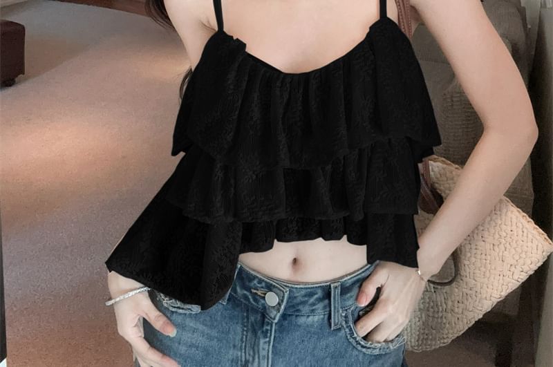 Spaghetti Strap Scoop Neck Lace Crop Cami