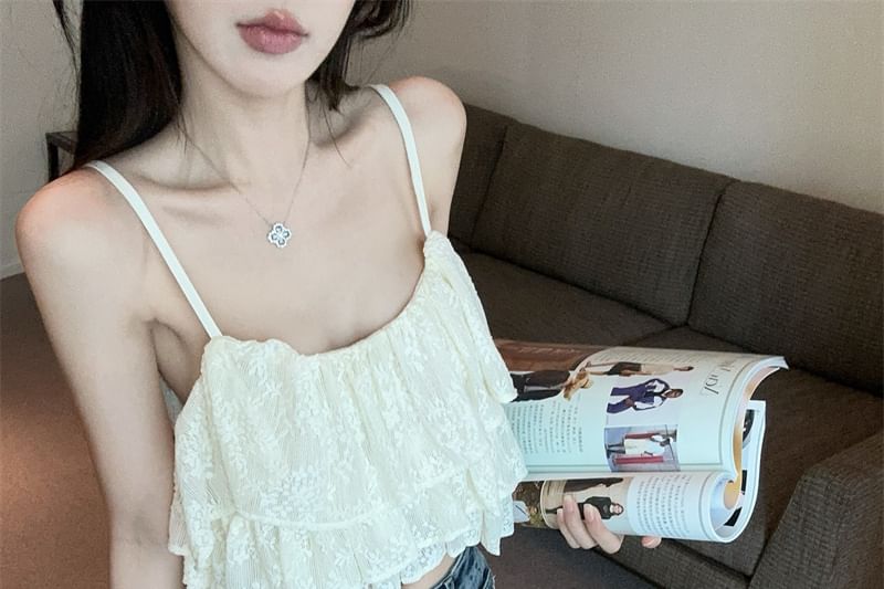 Spaghetti Strap Scoop Neck Lace Crop Cami