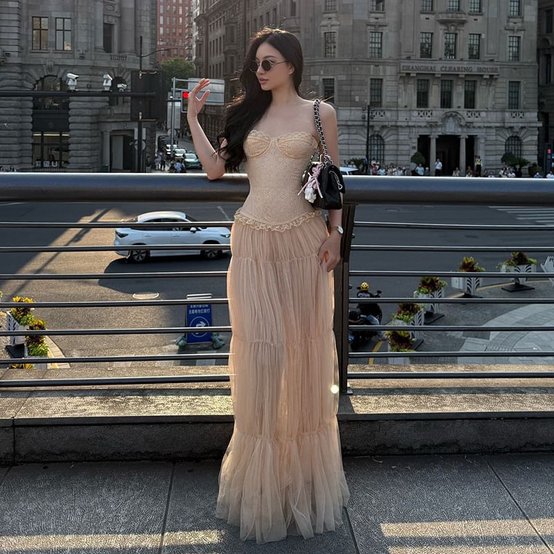 Lace Corset Tube Top with High-Rise Sheer Maxi Skirt