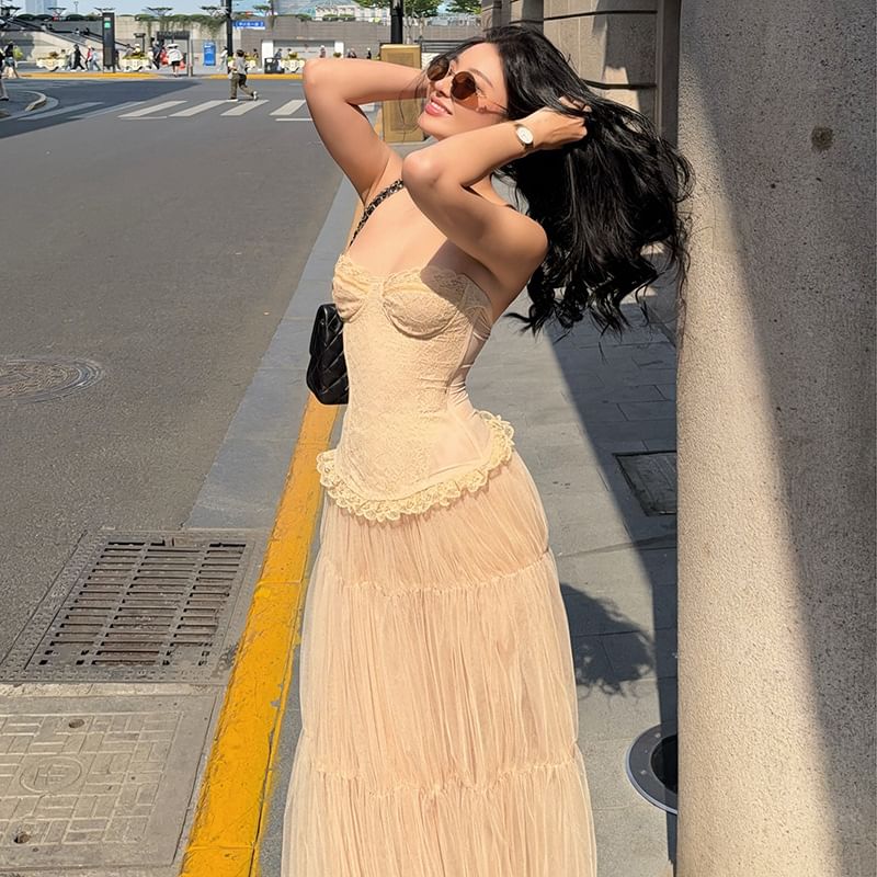 Lace Corset Tube Top with High-Rise Sheer Maxi Skirt