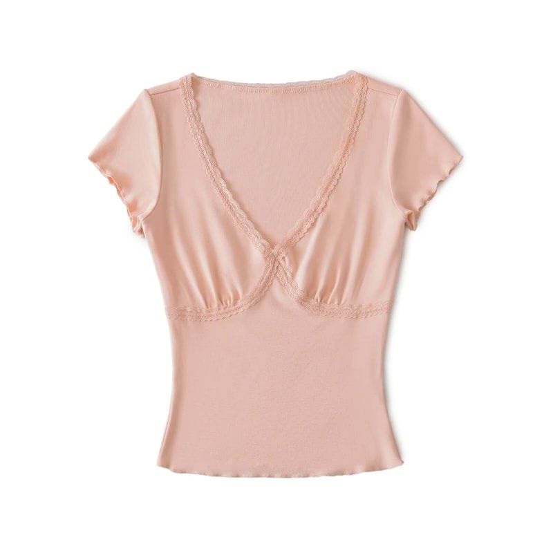 V-Neck Short Sleeve Lace Trim Tee