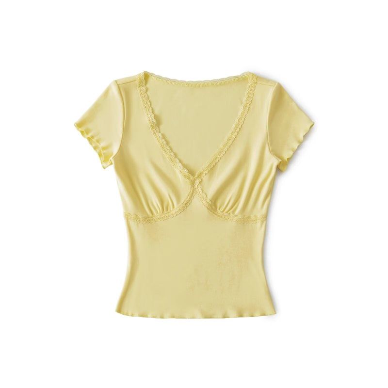 V-Neck Short Sleeve Lace Trim Tee