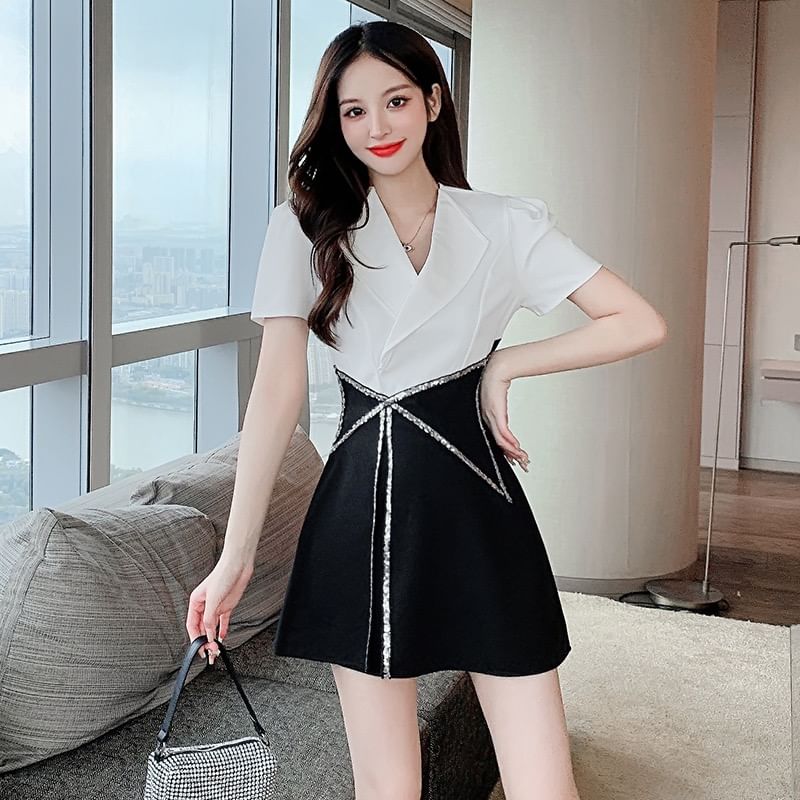 Lapel Collar Blouse + High Waist Sequin Contrast Skort Set