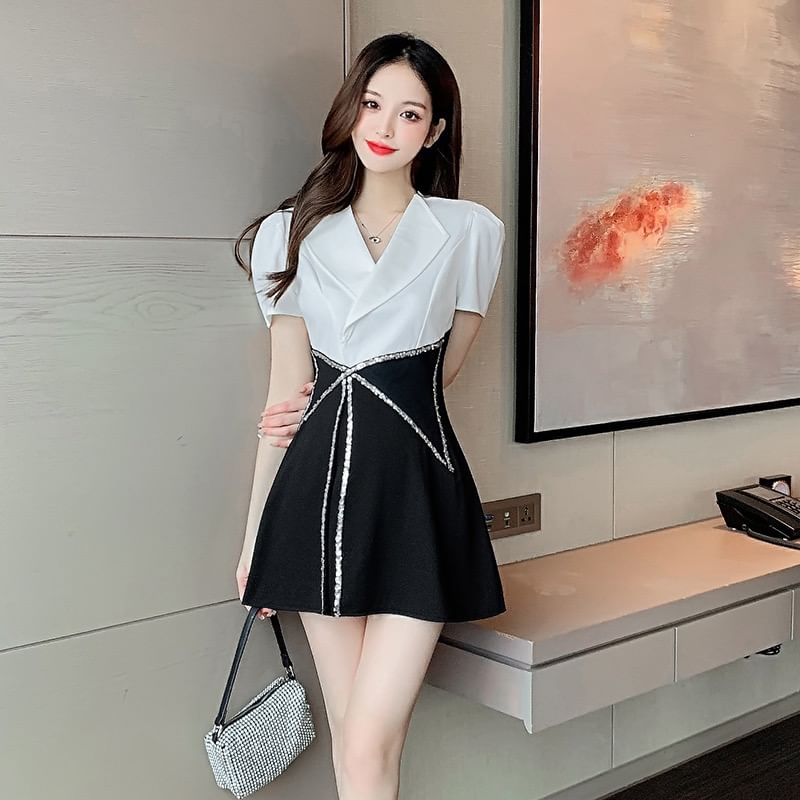 Lapel Collar Blouse + High Waist Sequin Contrast Skort Set