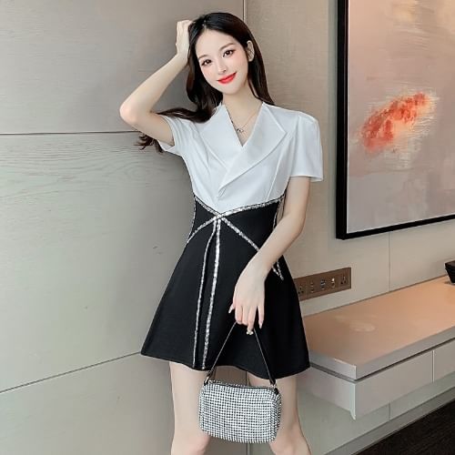 Lapel Collar Blouse + High Waist Sequin Contrast Skort Set